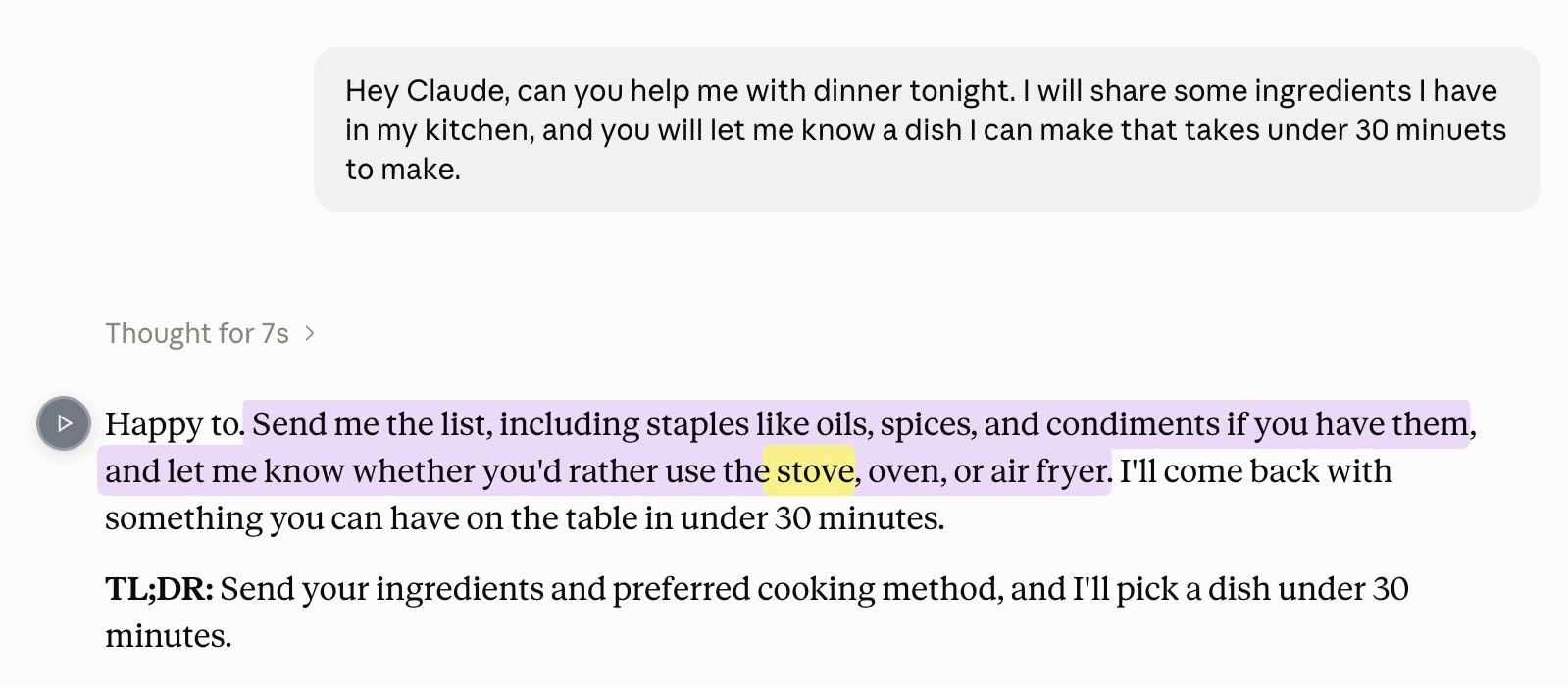 unChonk reading a Claude answer aloud inside claude.ai: the spoken sentence is highlighted and the current word is picked out inside it