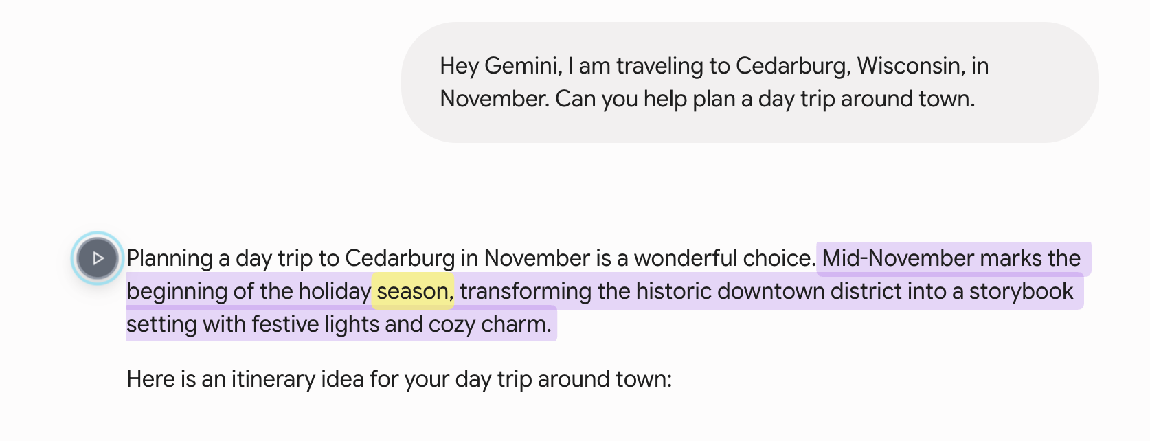unChonk reading a Gemini answer aloud in Chrome, with the sentence being spoken highlighted and the current word picked out inside it